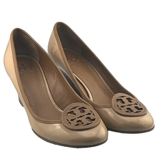 Tory Burch Louisa 7.5 Wedge Wrapped Heels Tan Brown Patent Leather Pump Shoes - Picture 1 of 14